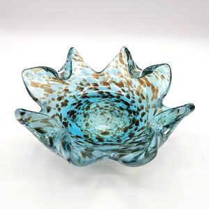 Art Glass Ruffle Bowl Dish Blue Aqua Brown Splatters Murano-like Star Fish